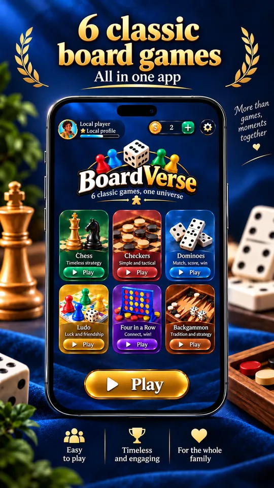 BoardVerse collection with chess, checkers, dominoes, ludo, four in a row and backgammon