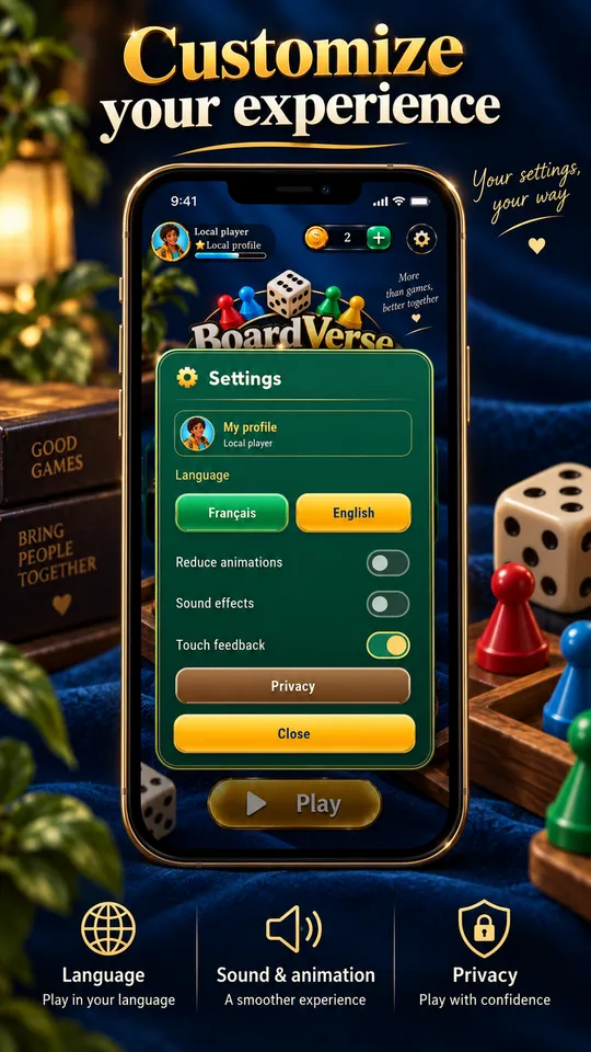 BoardVerse settings with language, animation, sound and touch feedback options