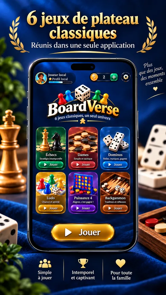 La collection BoardVerse avec les échecs, dames, dominos, ludo, 4 en ligne et backgammon