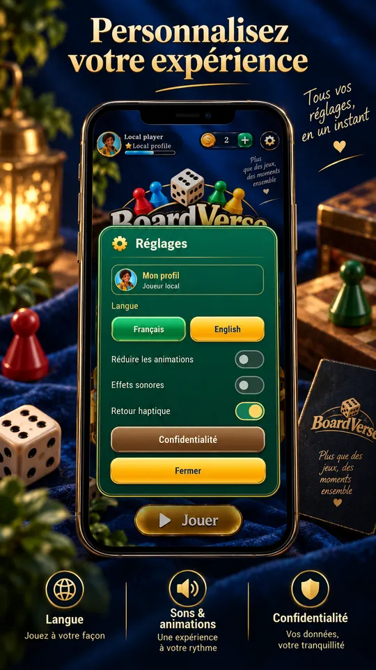 Réglages de BoardVerse : langue, animations, sons et retour tactile